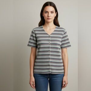 Vintage Alfred Dunner Button Up V-Neck Top Striped Aztec Pattern Size M